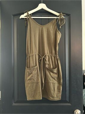 Tie-Shoulder Olive Tank Dress with Front Pockets